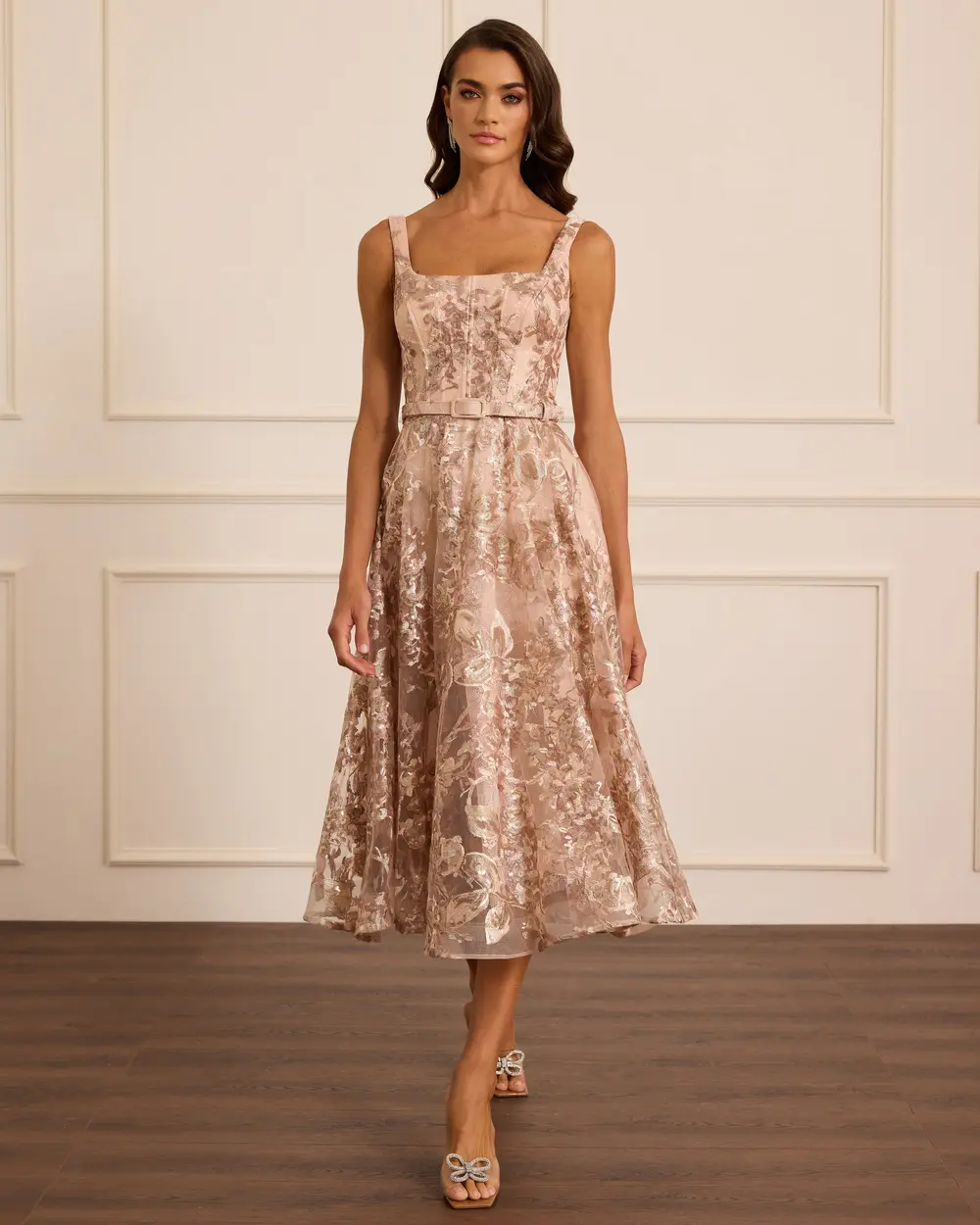 Kare Yaka Desenli Kemerli Abiye