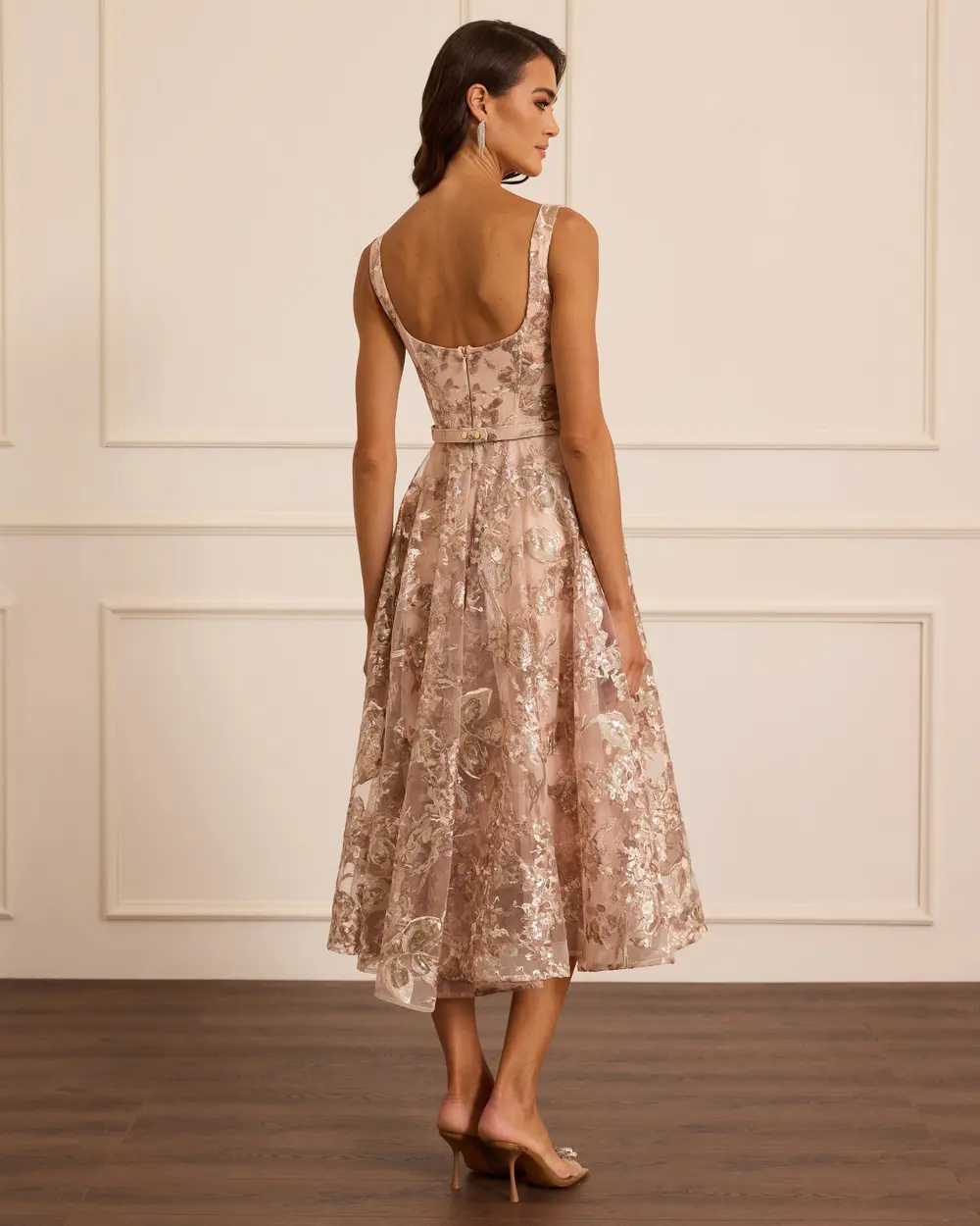 Kare Yaka Desenli Kemerli Abiye