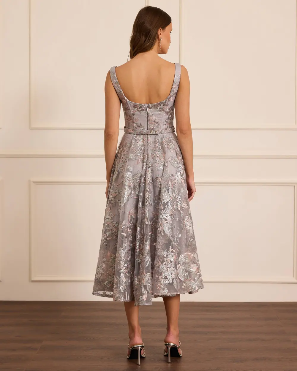 Kare Yaka Desenli Kemerli Abiye