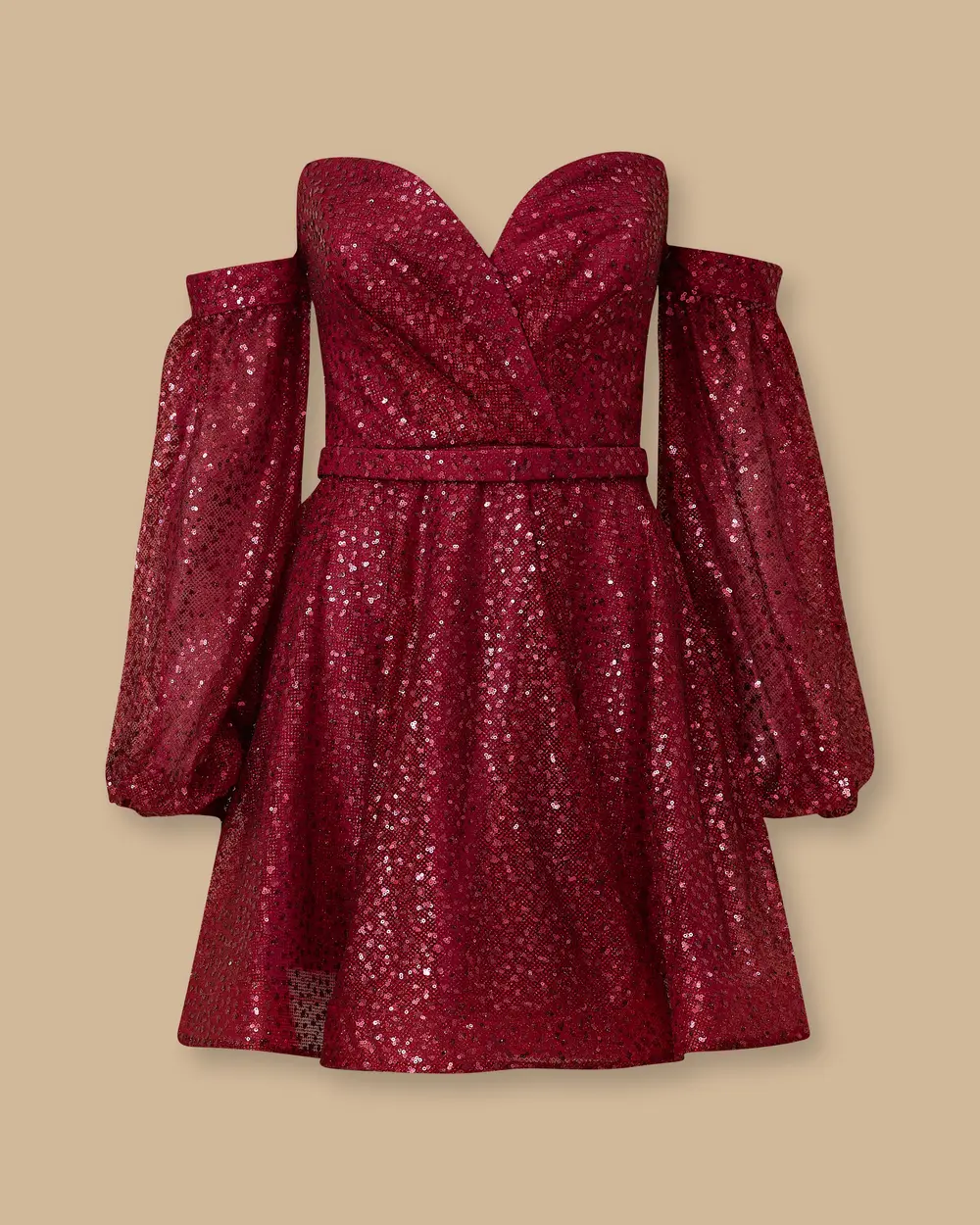 Çıkarılabilir Kollu Kalp Yaka Pullu Mini Abiye