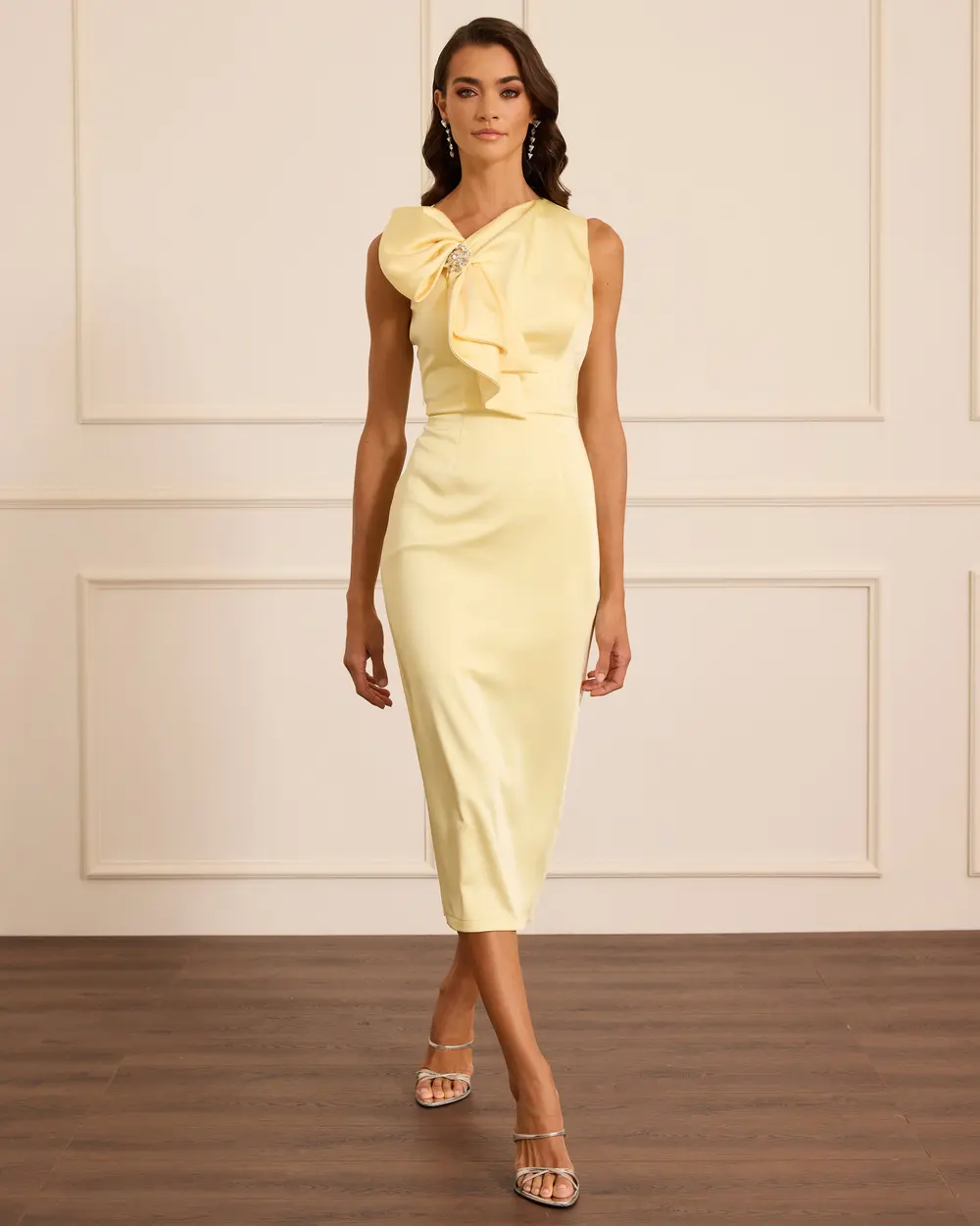 Stone Detailed Midi Satin Evening Dress