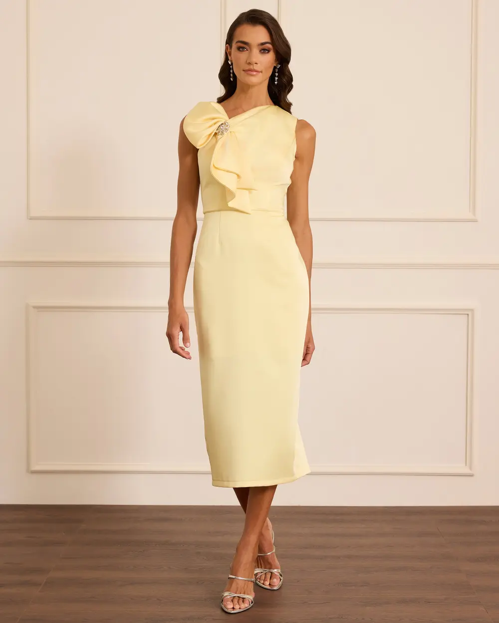 Stone Detailed Midi Satin Evening Dress