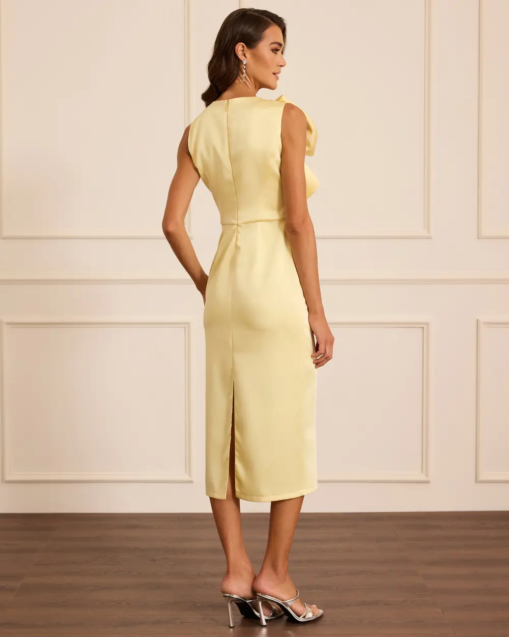 Stone Detailed Midi Satin Evening Dress