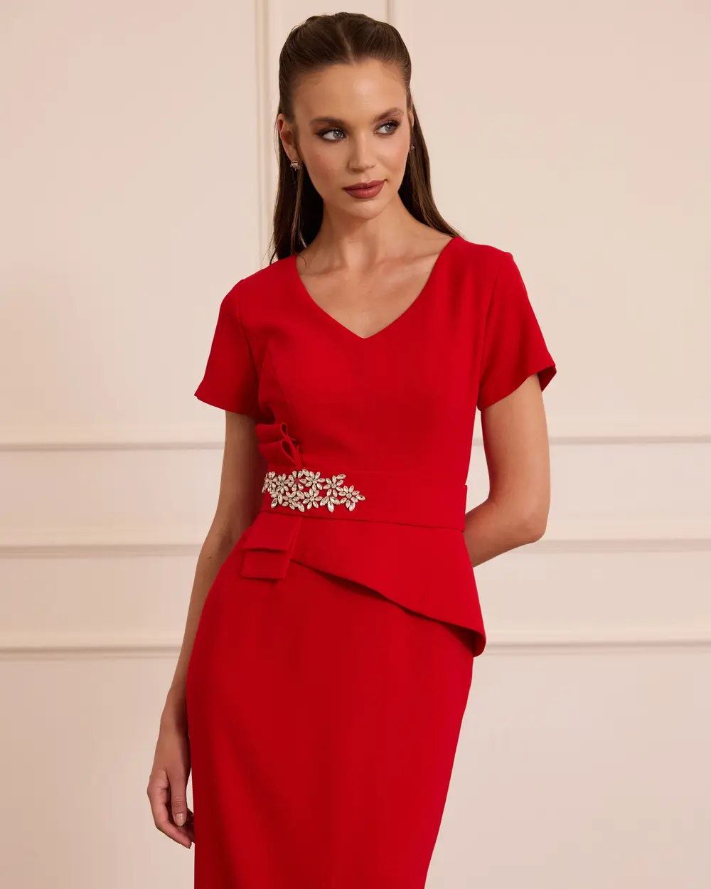 Short-Sleeved, Long Evening Gown with a V-Neck and Beaded Bow Detail