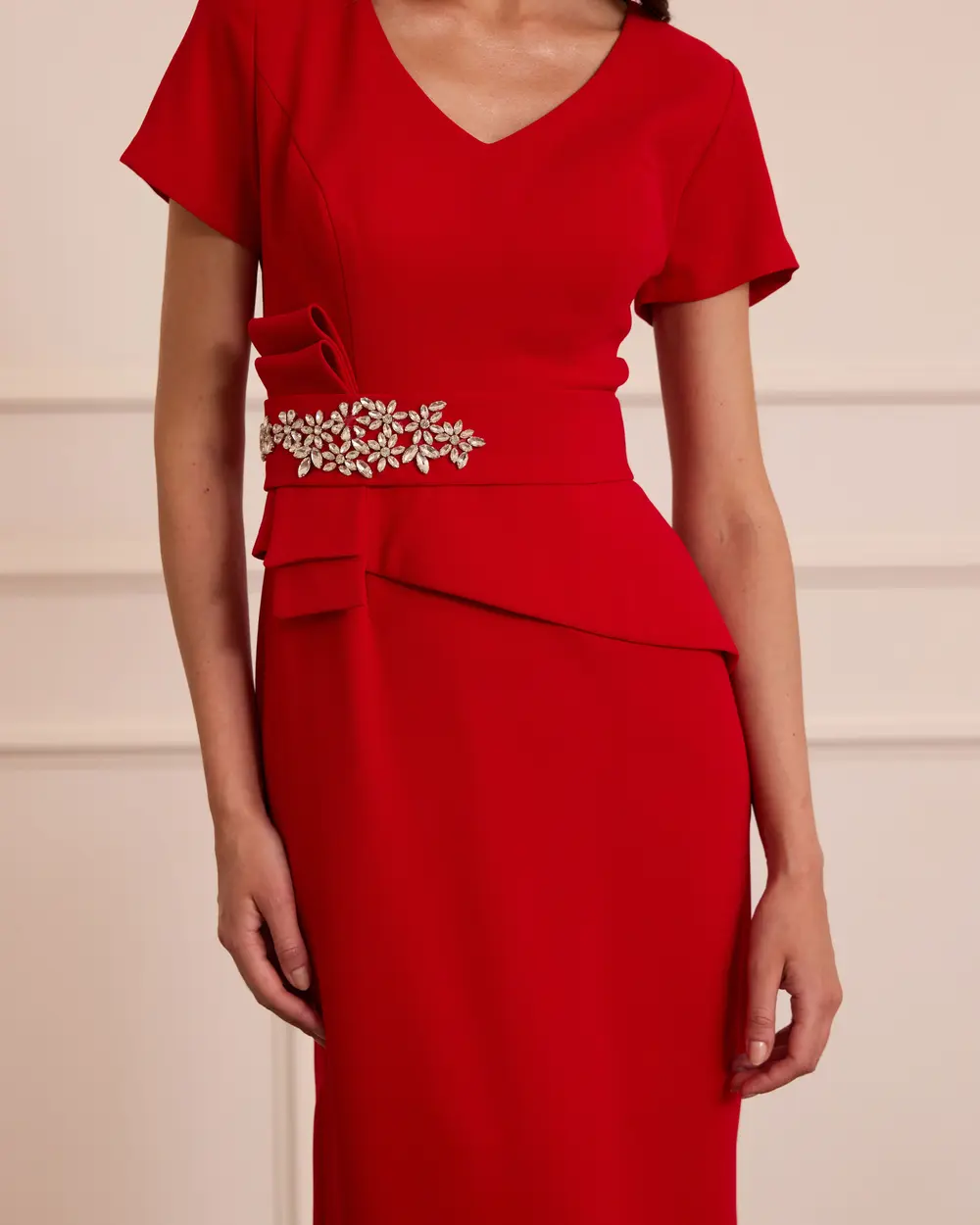Short-Sleeved, Long Evening Gown with a V-Neck and Beaded Bow Detail