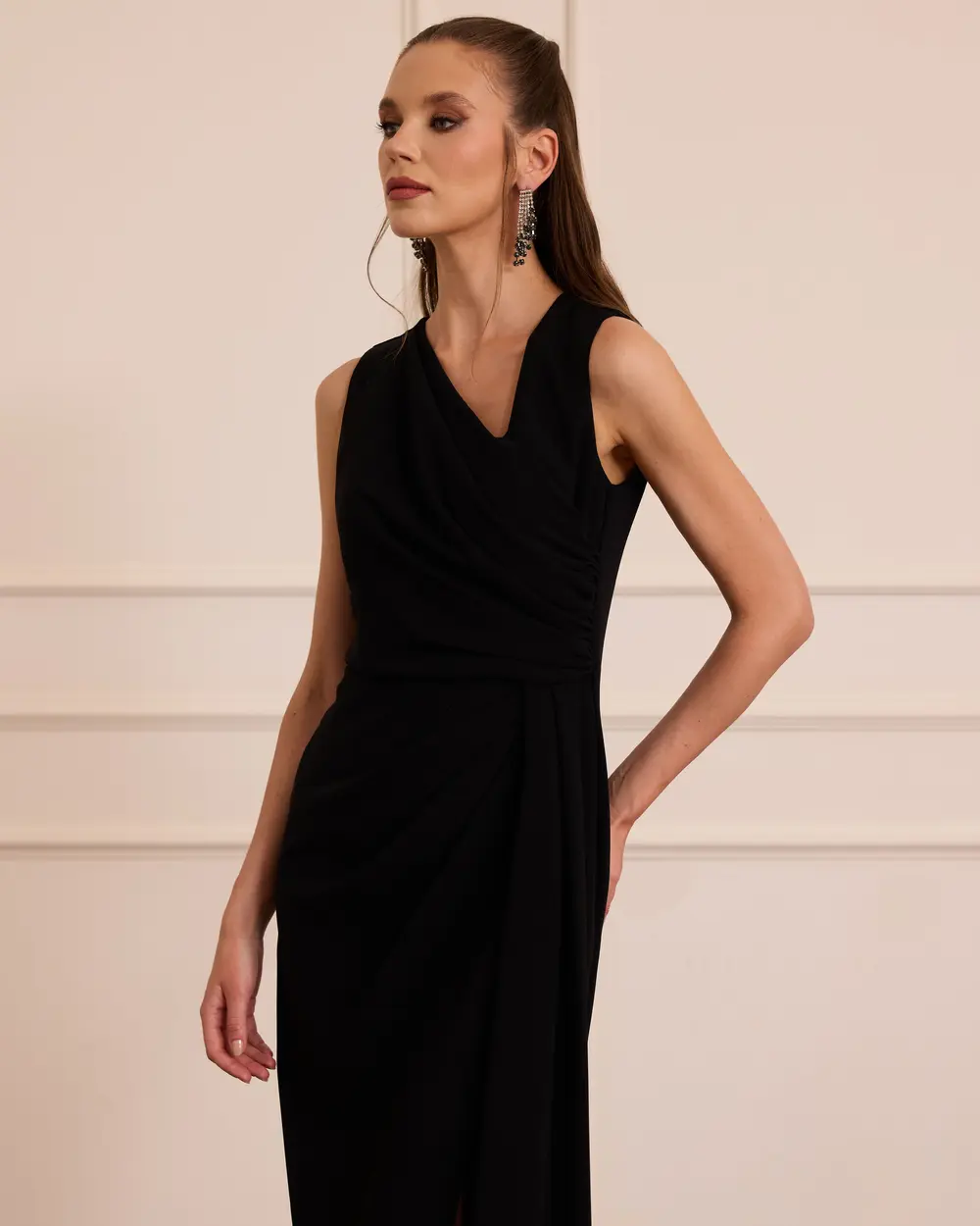 Wrap-Neck, Draped, Slit Midi Evening Gown