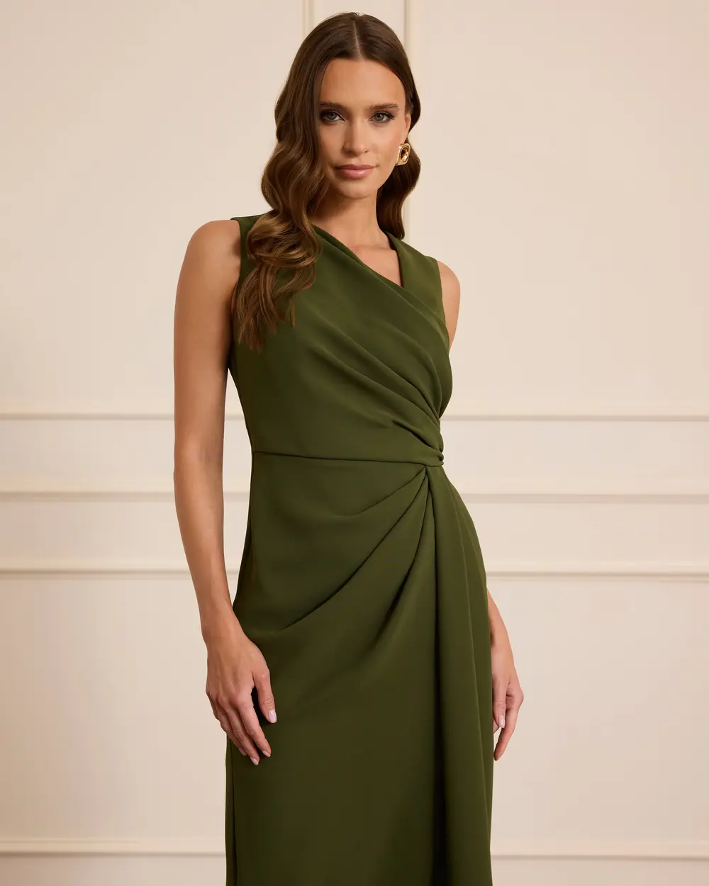 Wrap-Neck, Draped, Slit Midi Evening Gown