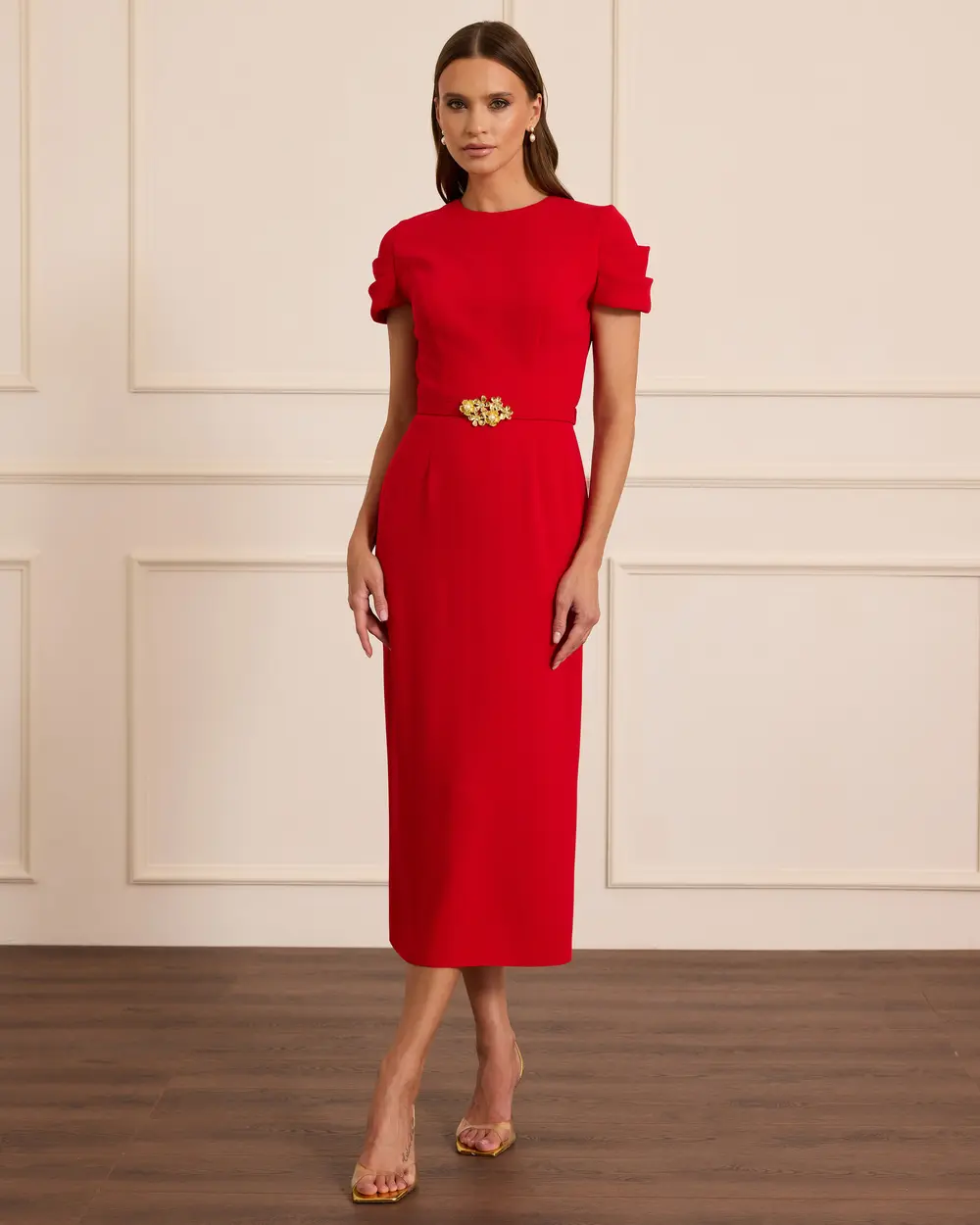 Kemerli Kısa Kollu Midi Abiye