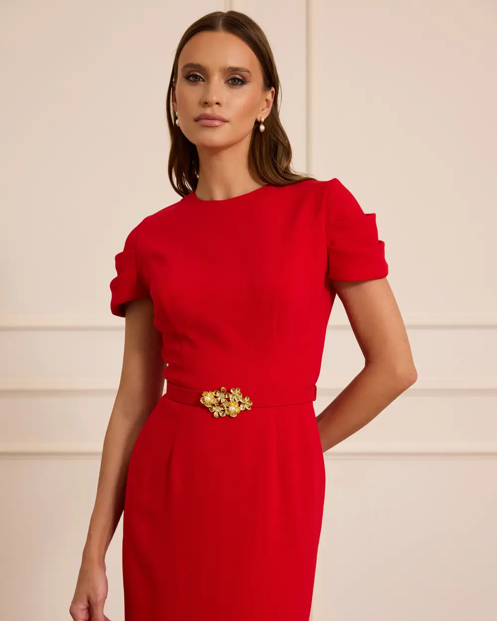 Kemerli Kısa Kollu Midi Abiye