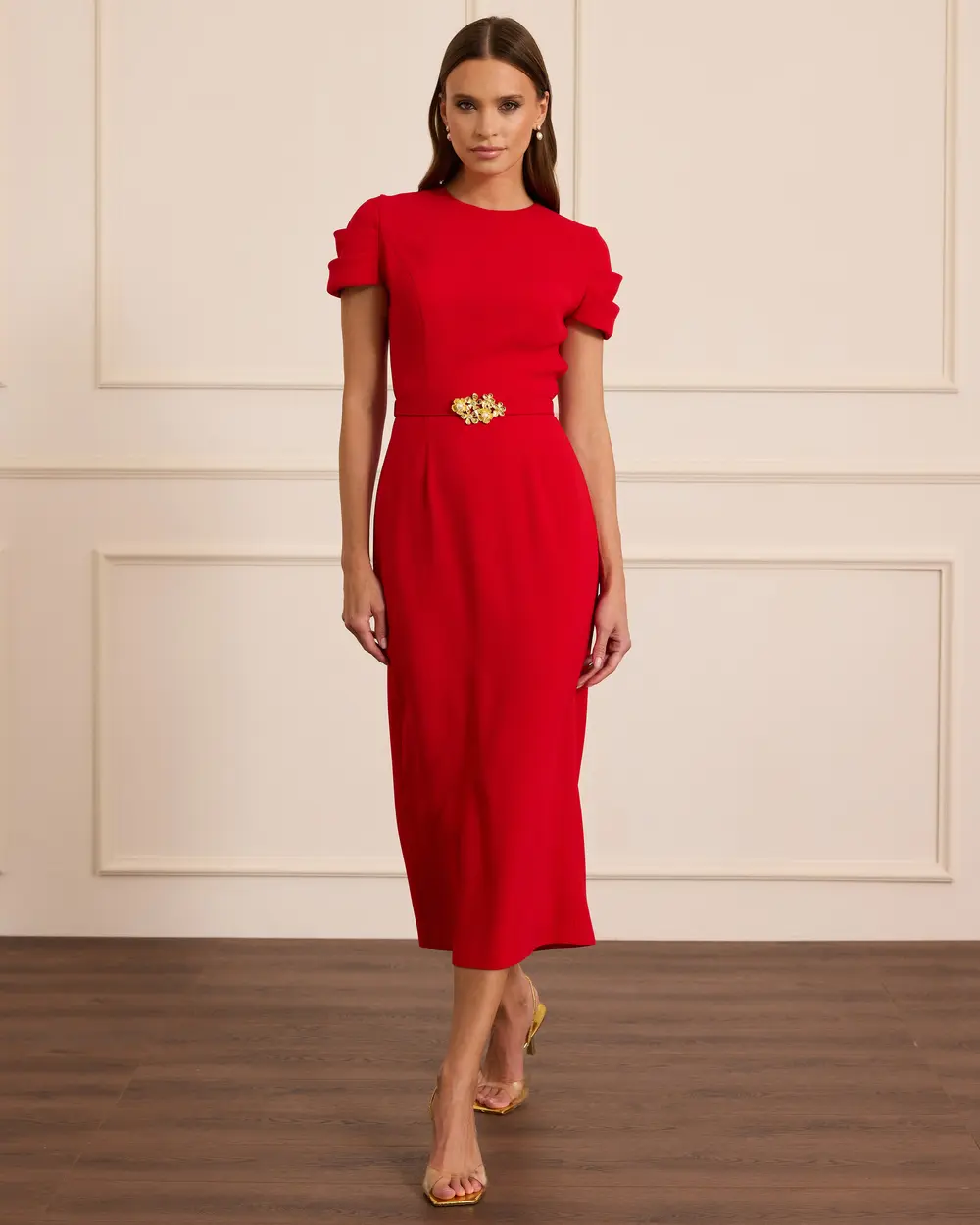 Kemerli Kısa Kollu Midi Abiye