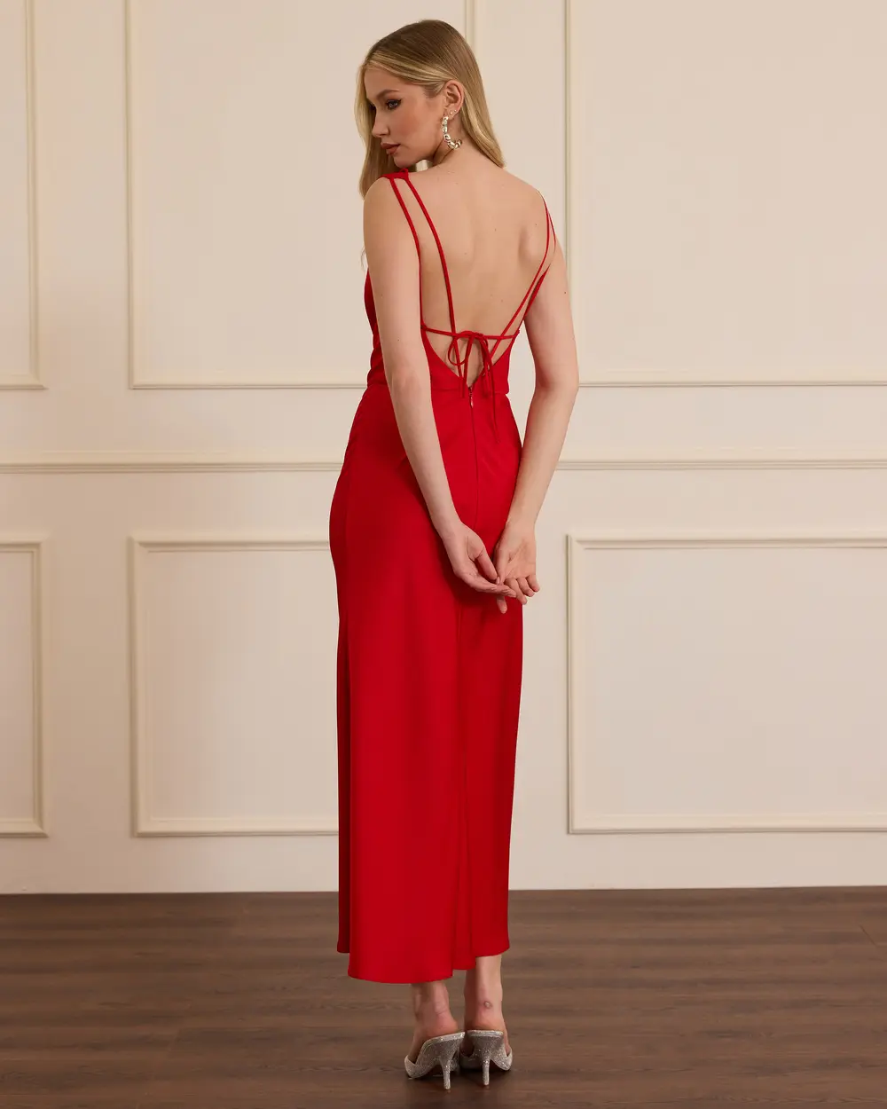 Back Decollete Neckline Satin Dress