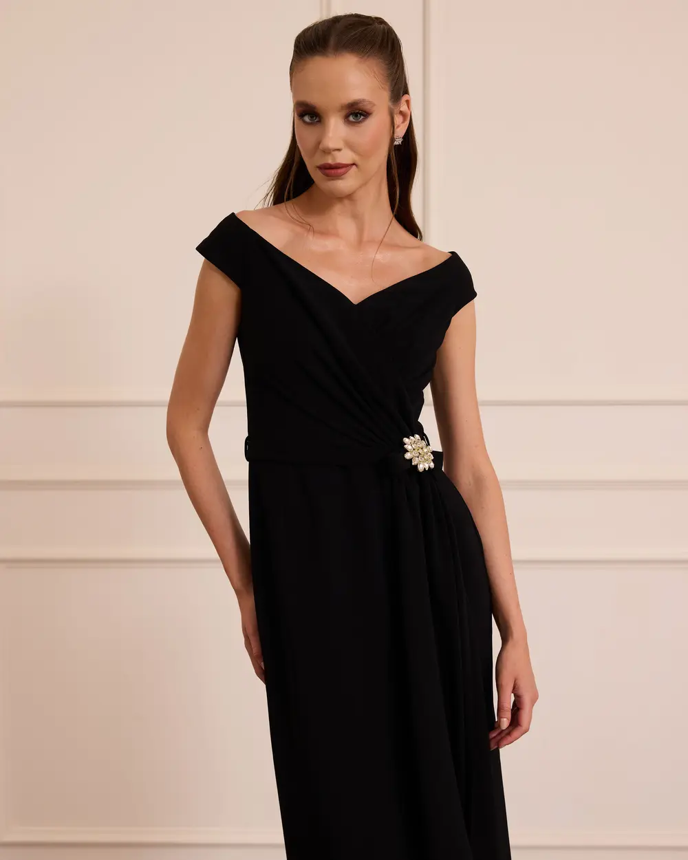 Draped Stone-Detailed Midi Evening Gown