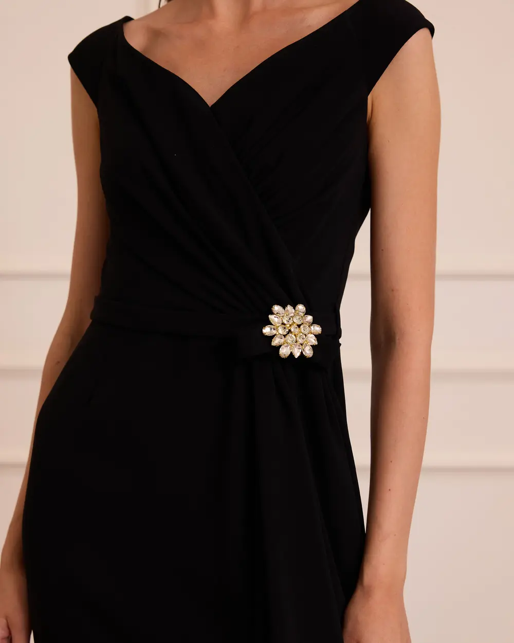 Draped Stone-Detailed Midi Evening Gown
