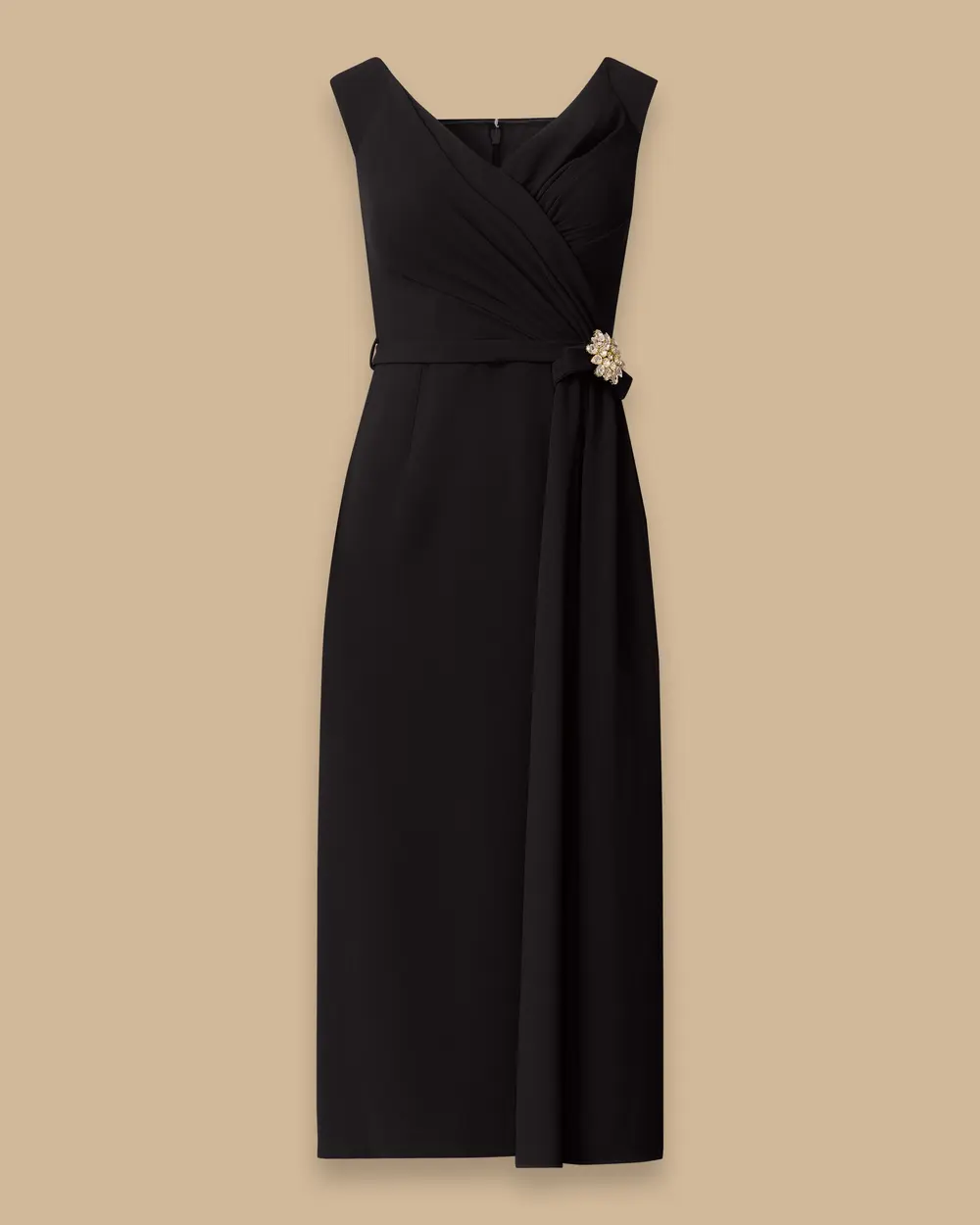 Draped Stone-Detailed Midi Evening Gown