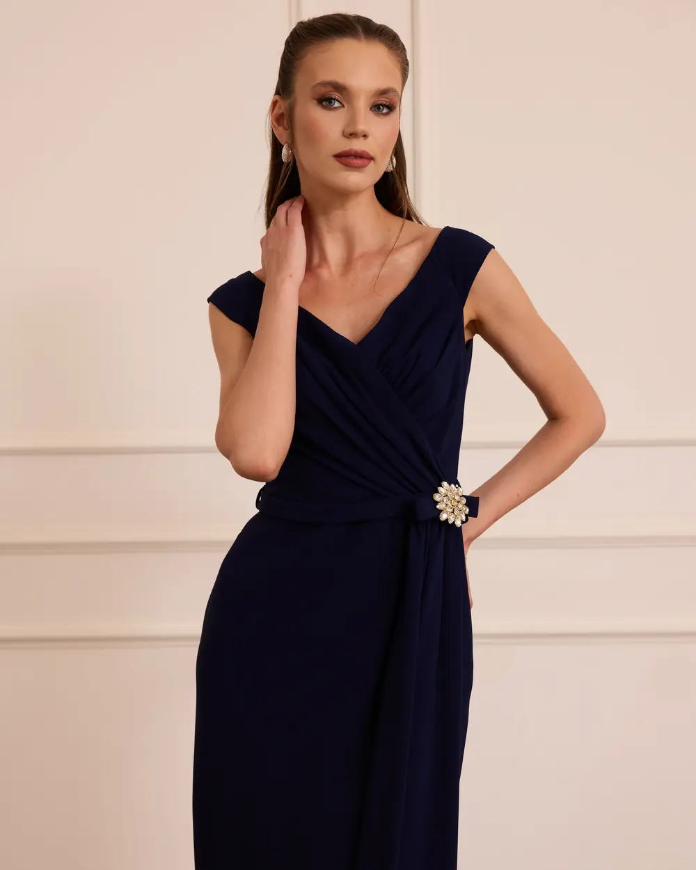Draped Stone-Detailed Midi Evening Gown