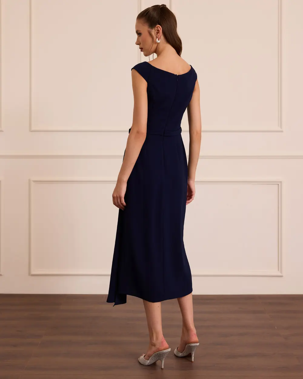 Draped Stone-Detailed Midi Evening Gown