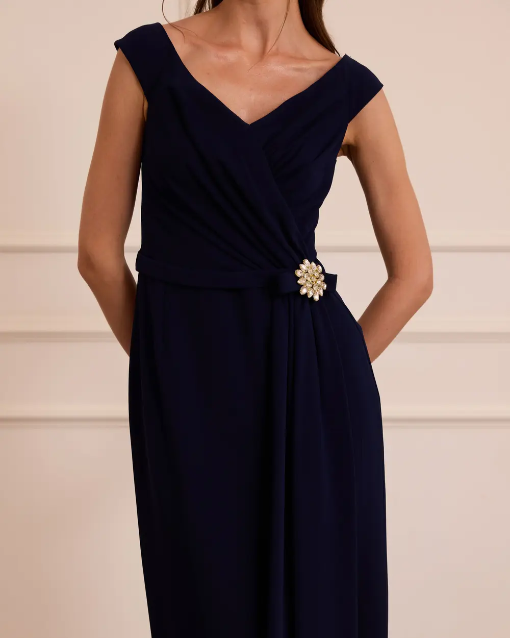 Draped Stone-Detailed Midi Evening Gown