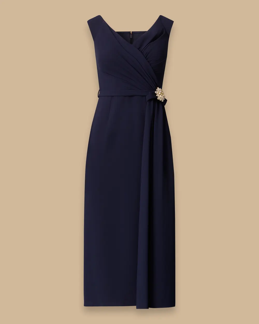 Draped Stone-Detailed Midi Evening Gown