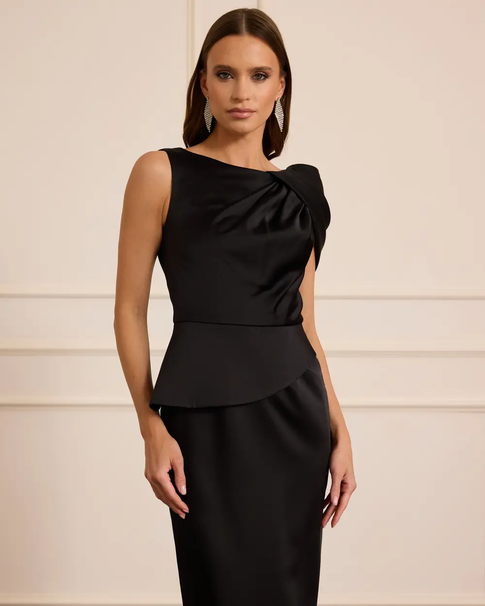 One Shoulder Satin Midi Evening Dress
