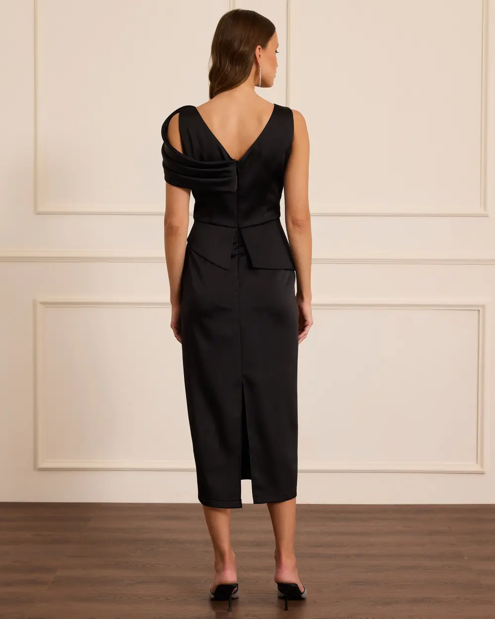 One Shoulder Satin Midi Evening Dress