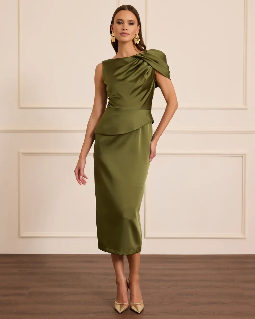 Tek Omuz Saten Midi Abiye
