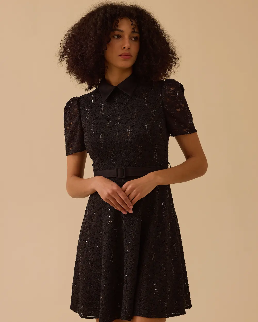 Elegant Lace Dress with Sequin Embroidered Belt