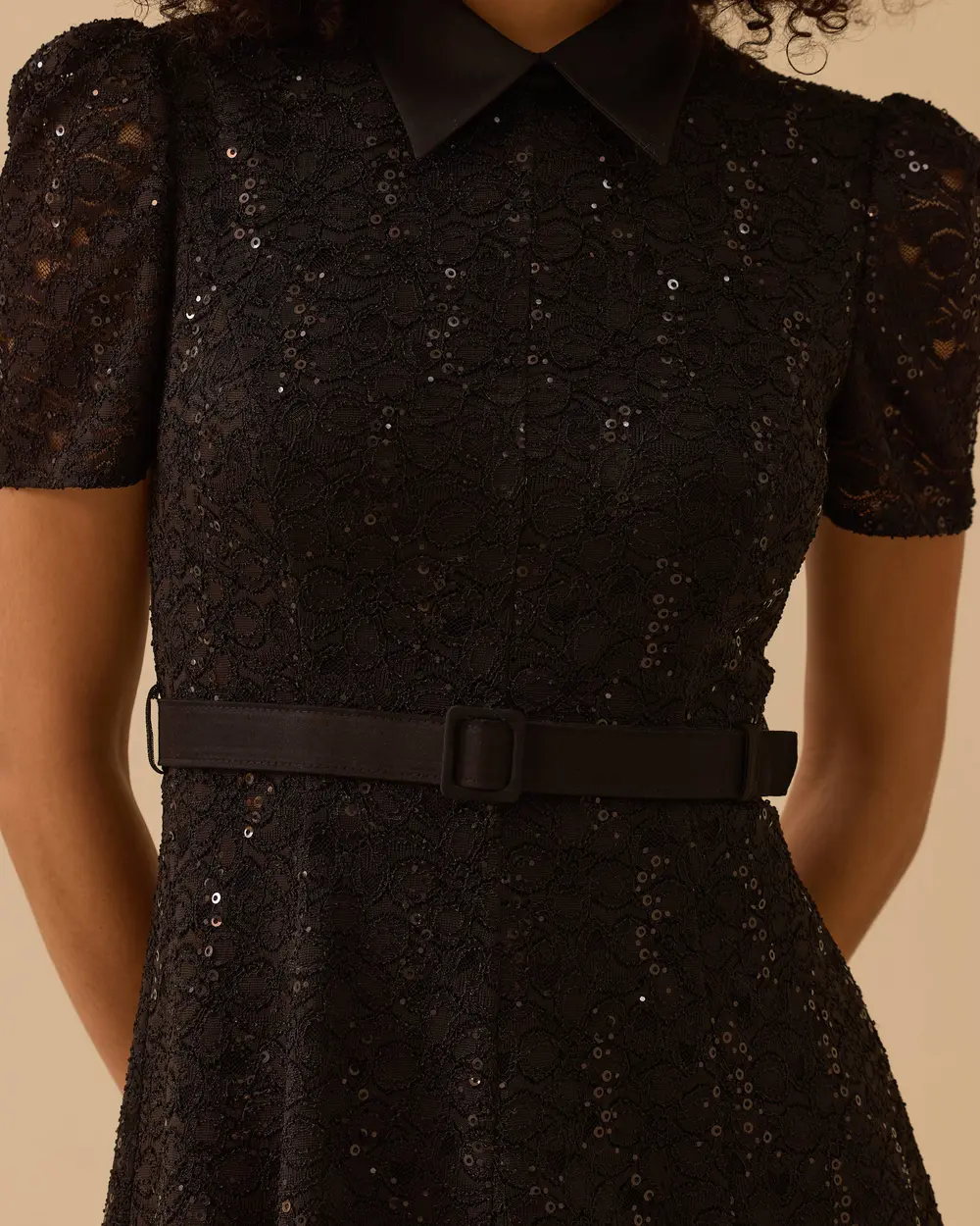 Elegant Lace Dress with Sequin Embroidered Belt