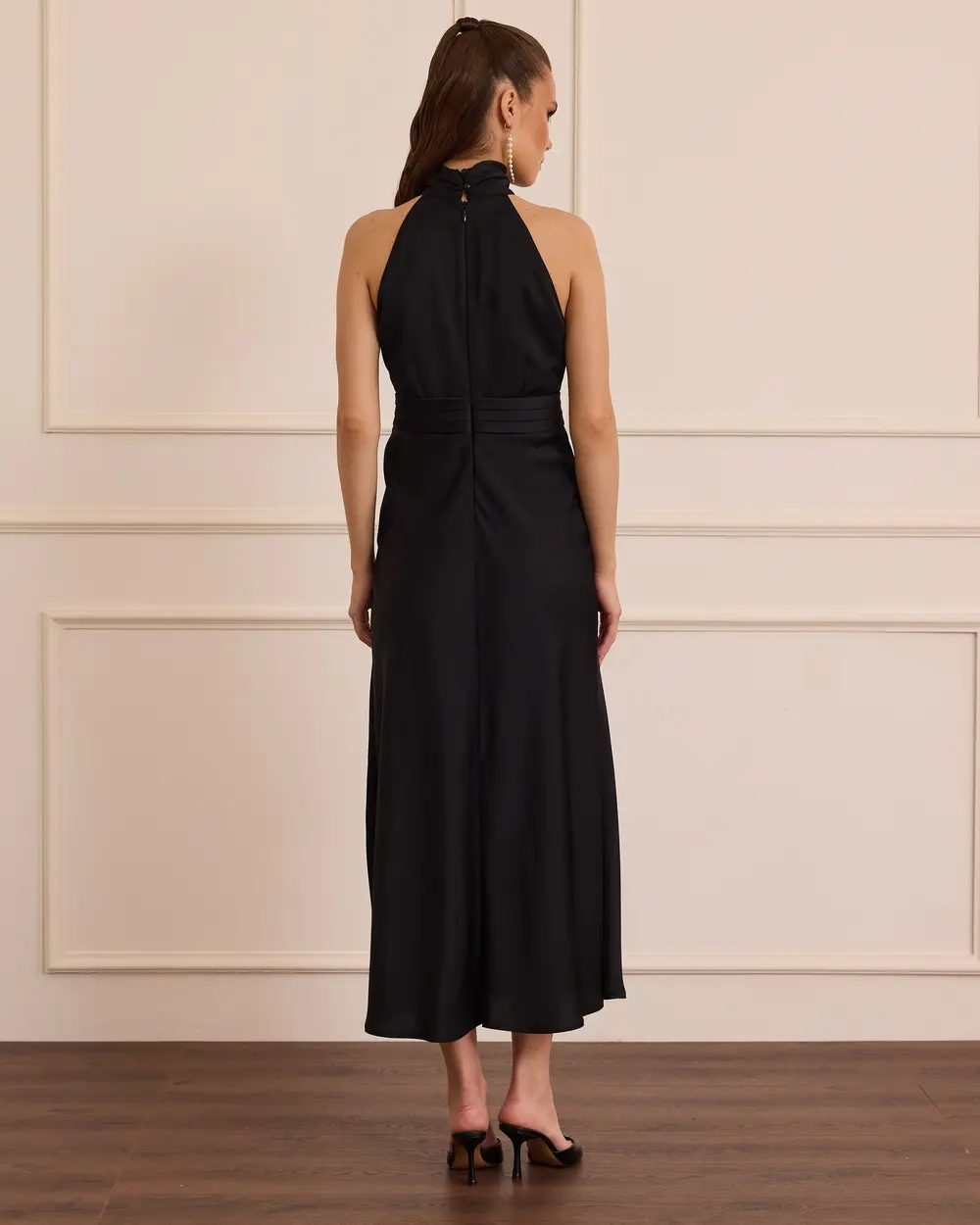 Halter Yaka Midi Boy Saten Elbise