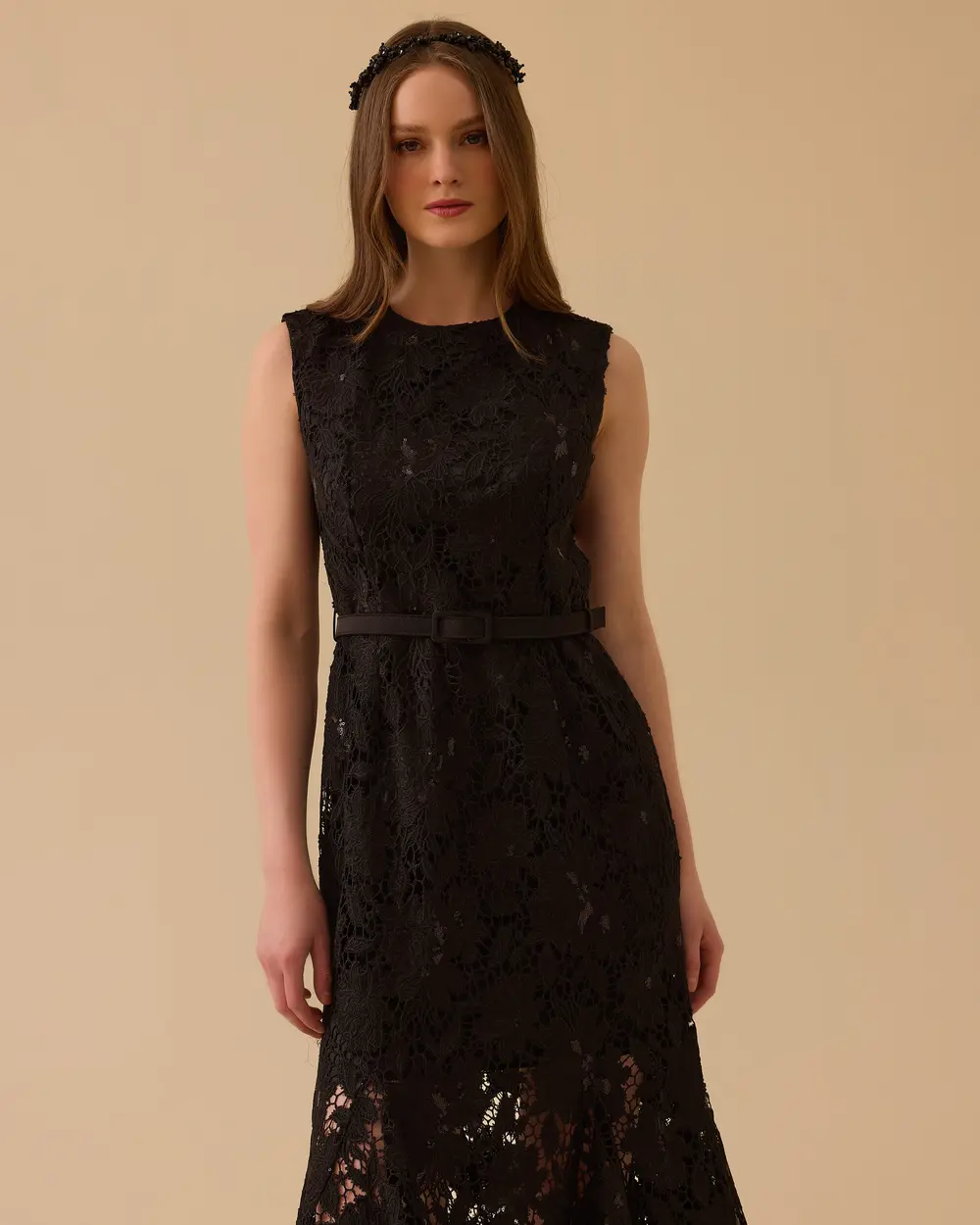 Kemerli Kloş Dantel Elbise