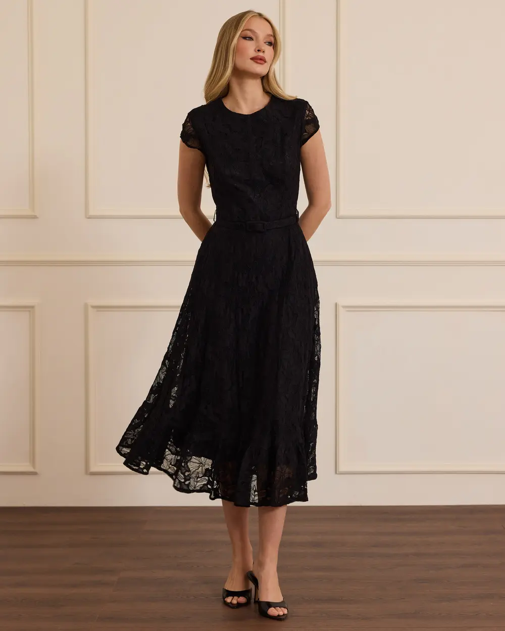 Belted Patterned Midi Elegant Dress