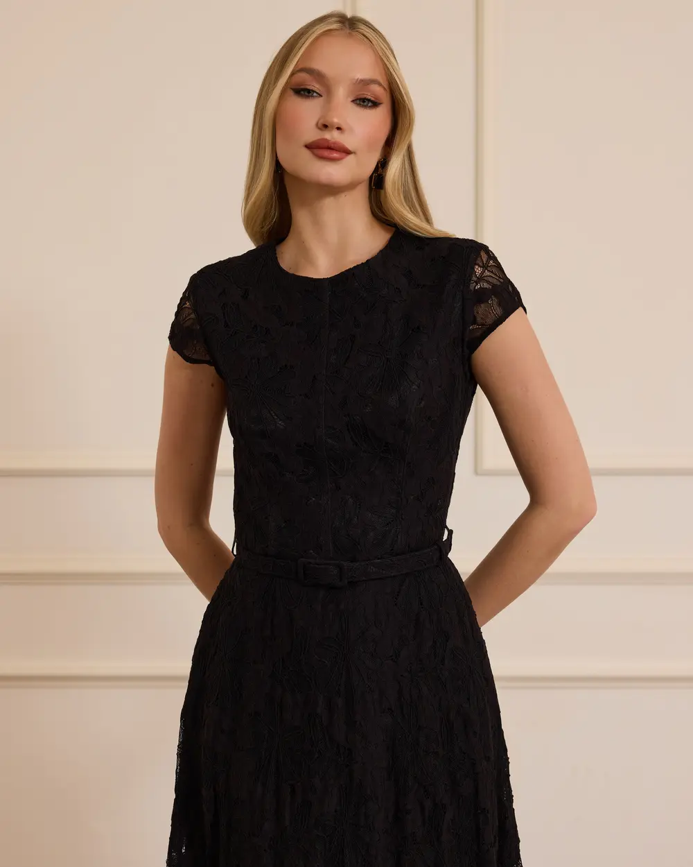 Belted Patterned Midi Elegant Dress