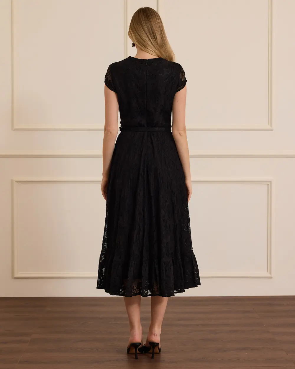 Belted Patterned Midi Elegant Dress