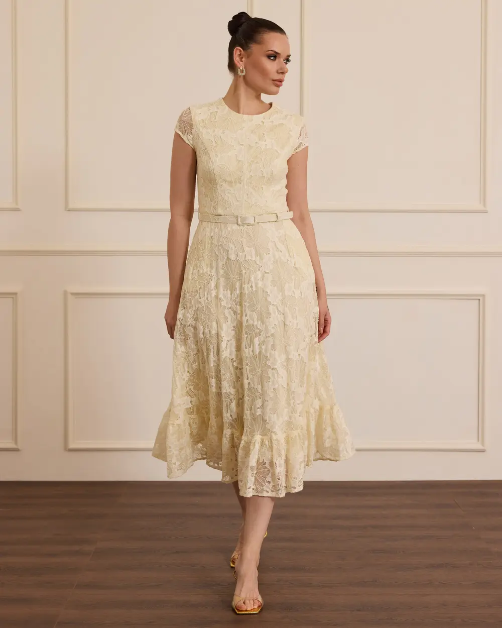 Belted Patterned Midi Elegant Dress