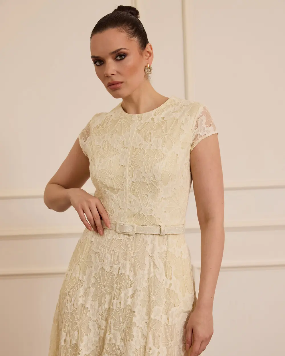 Belted Patterned Midi Elegant Dress