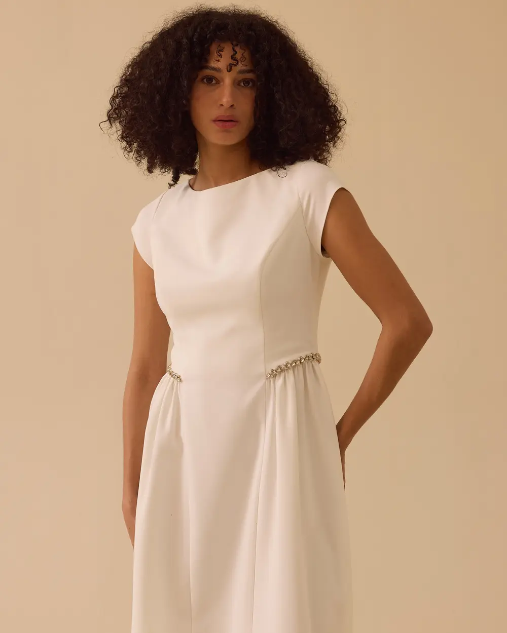 Elegant Midi Dress with Stone Pleated Detail