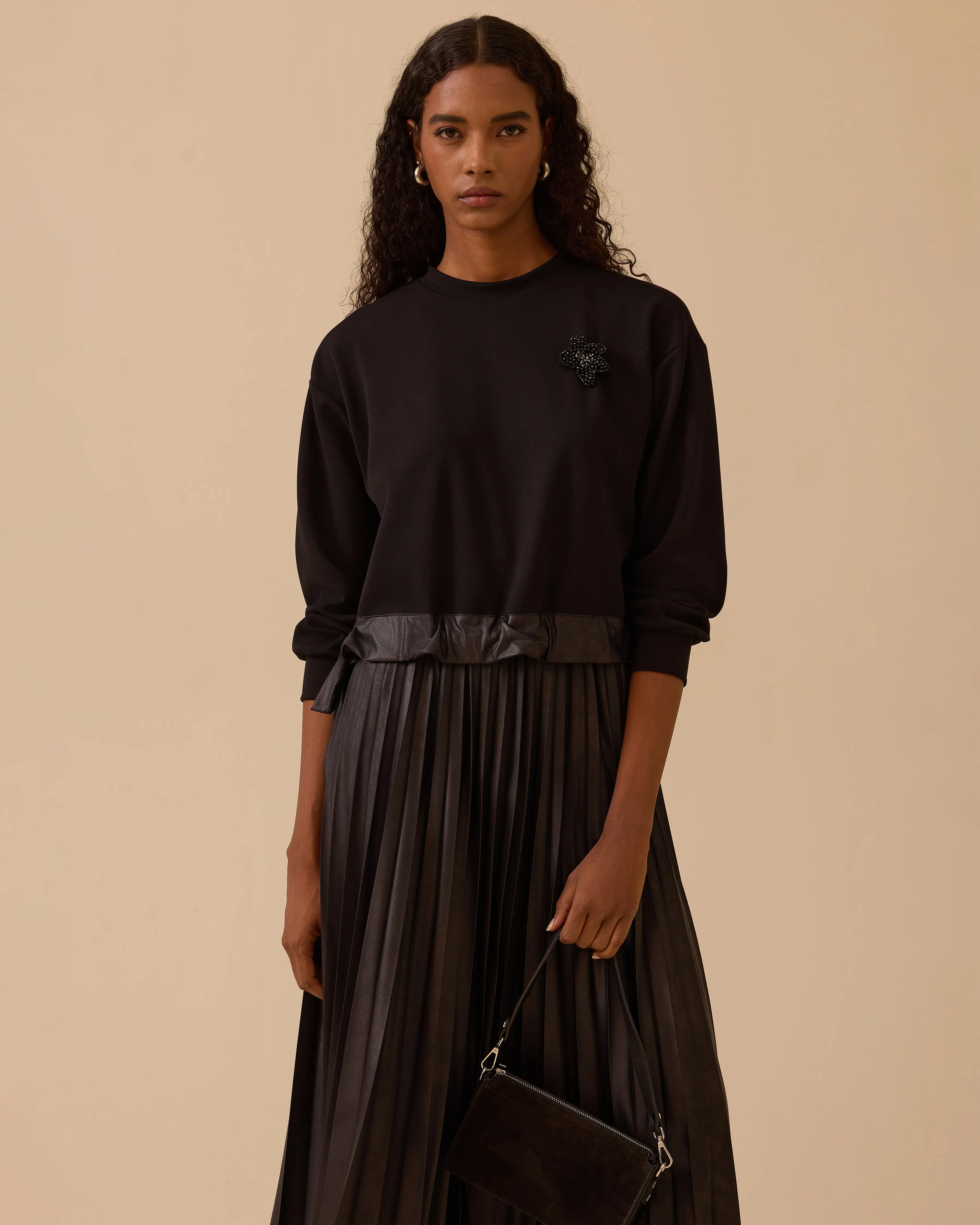 Faux Leather Pleated Midi Dress with Stone Detail - SecilStore