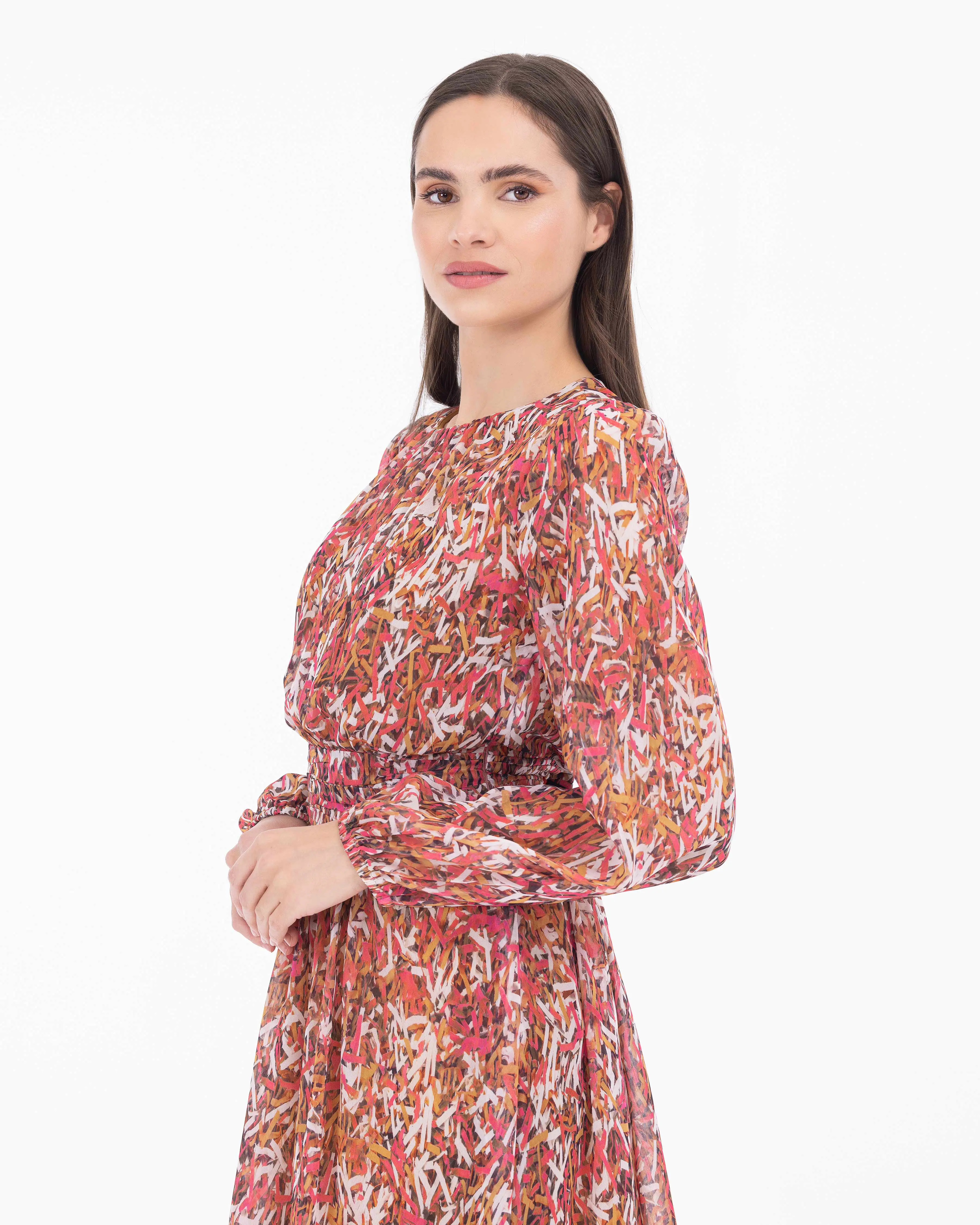 Desenli Sıfır Yaka Şifon Elbise