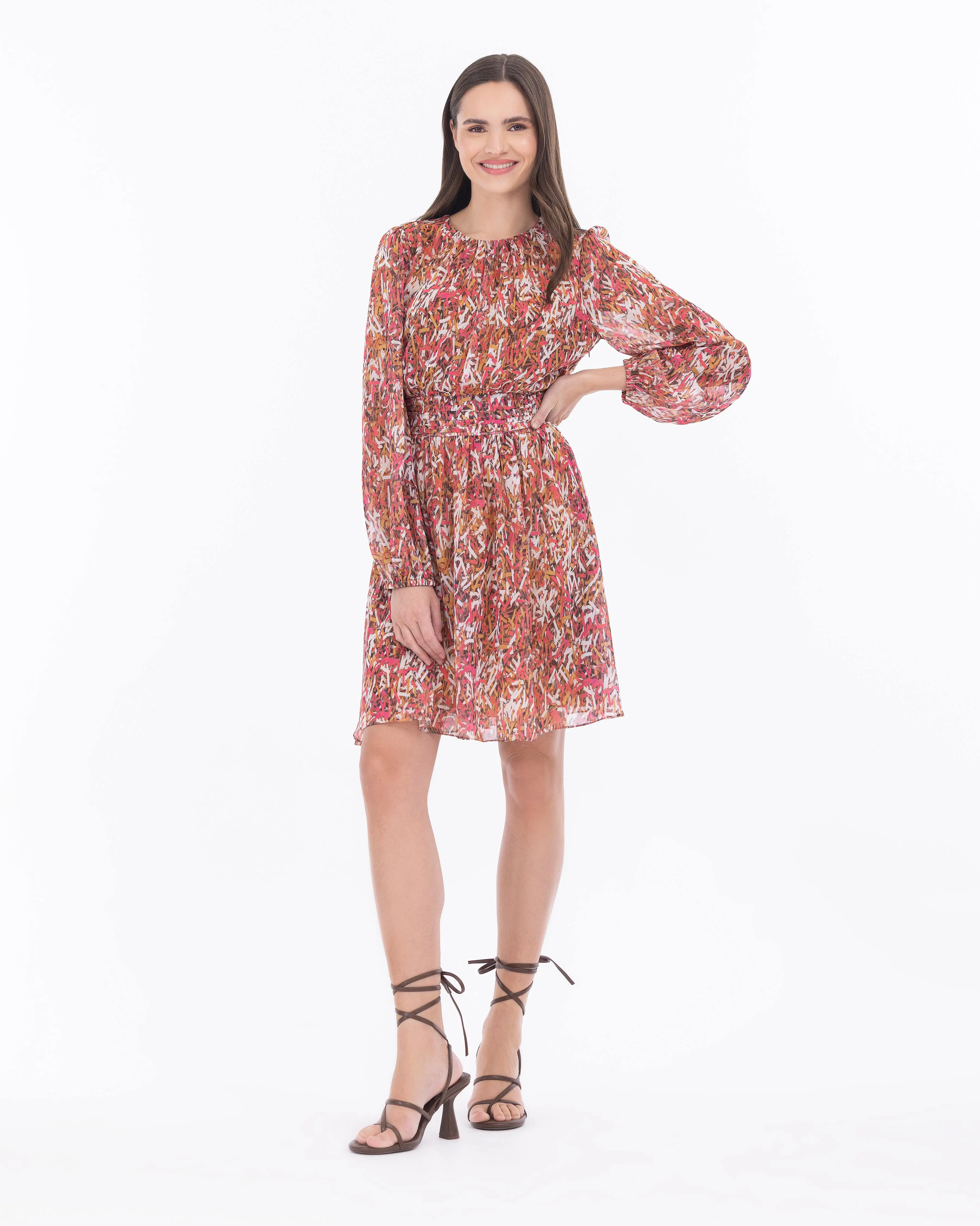 Desenli Sıfır Yaka Şifon Elbise