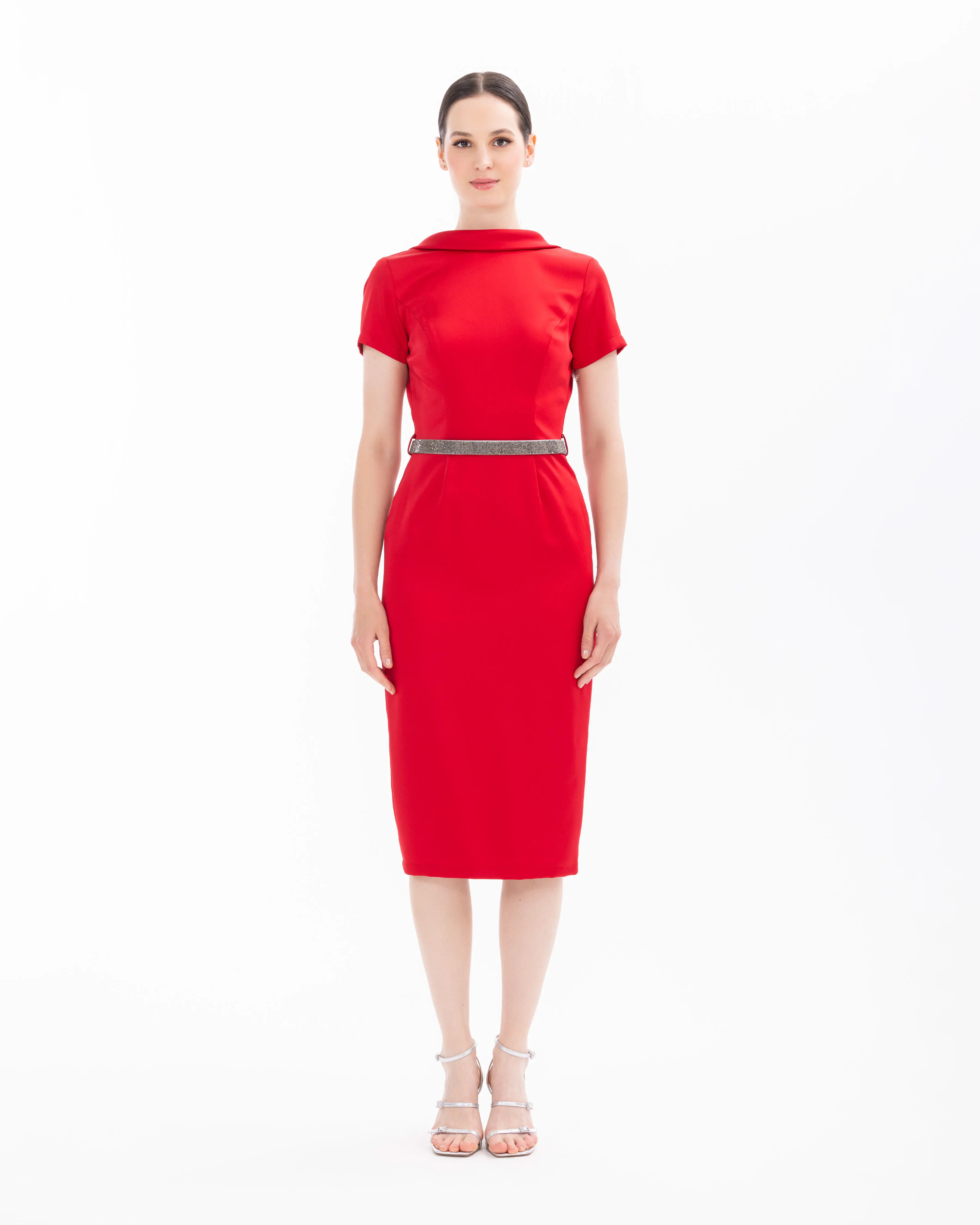 Back Decollete Narrow Form Evening Dress with Stone Belt