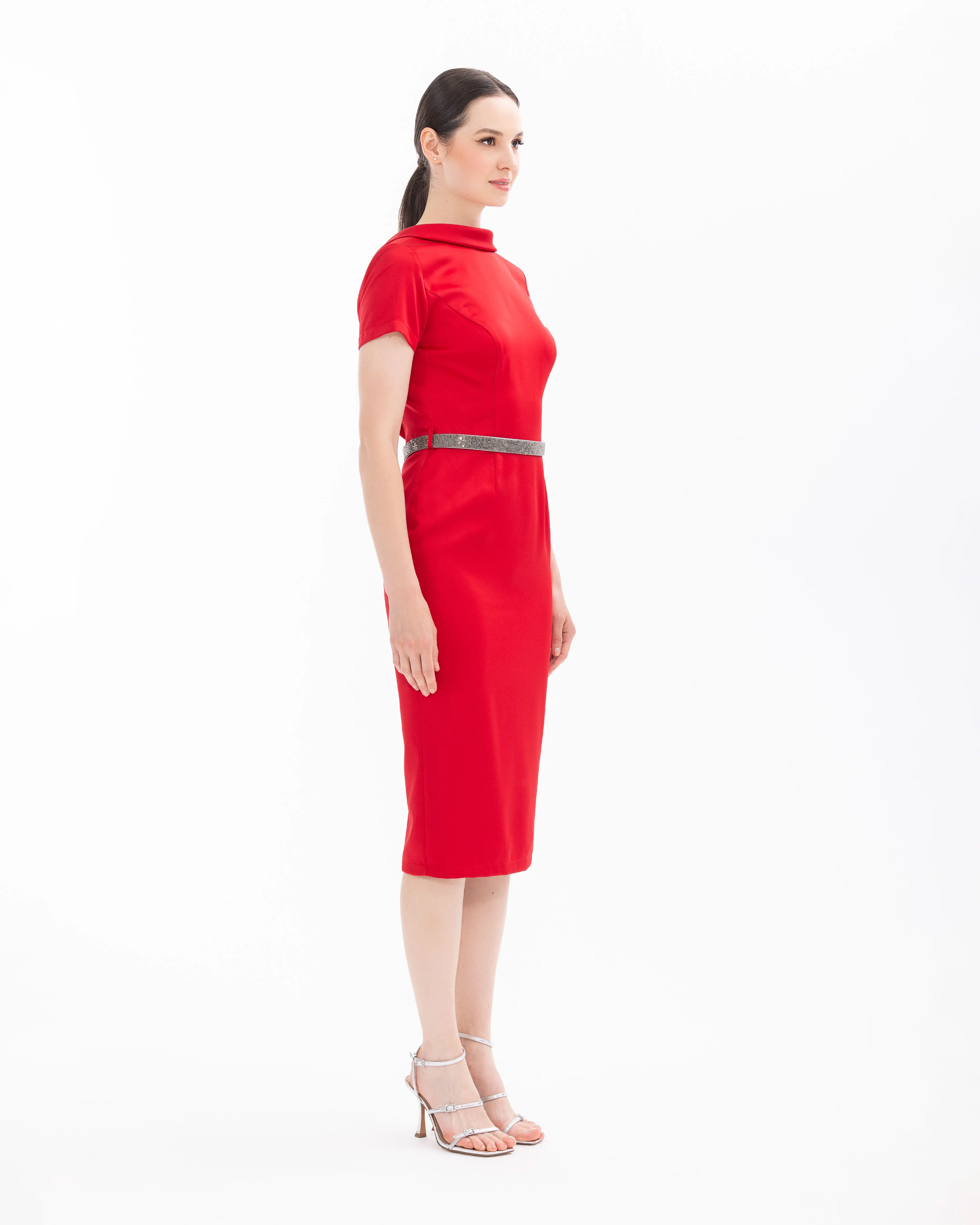 Back Decollete Narrow Form Evening Dress with Stone Belt