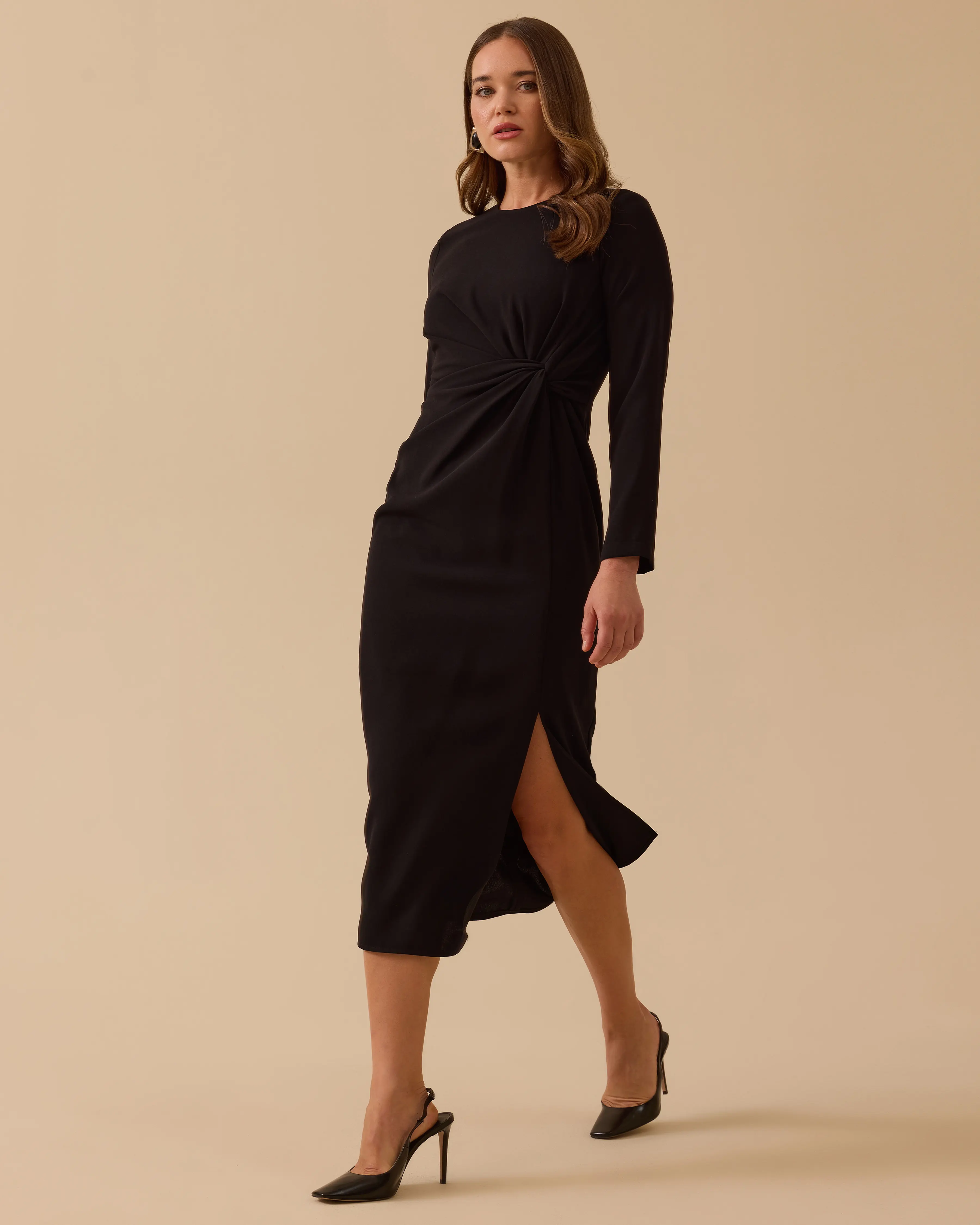 Draped Midi Length Elegant Crepe Dress