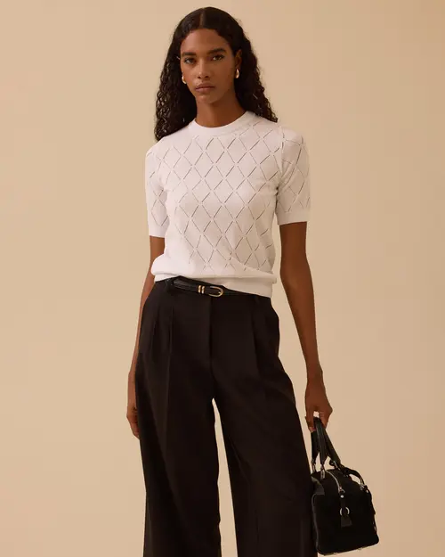 Desenli Kısa Kollu Triko Bluz