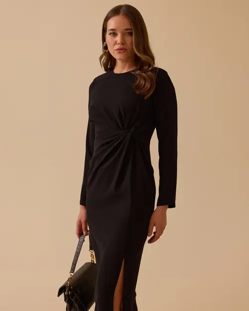 Draped Midi Length Elegant Crepe Dress